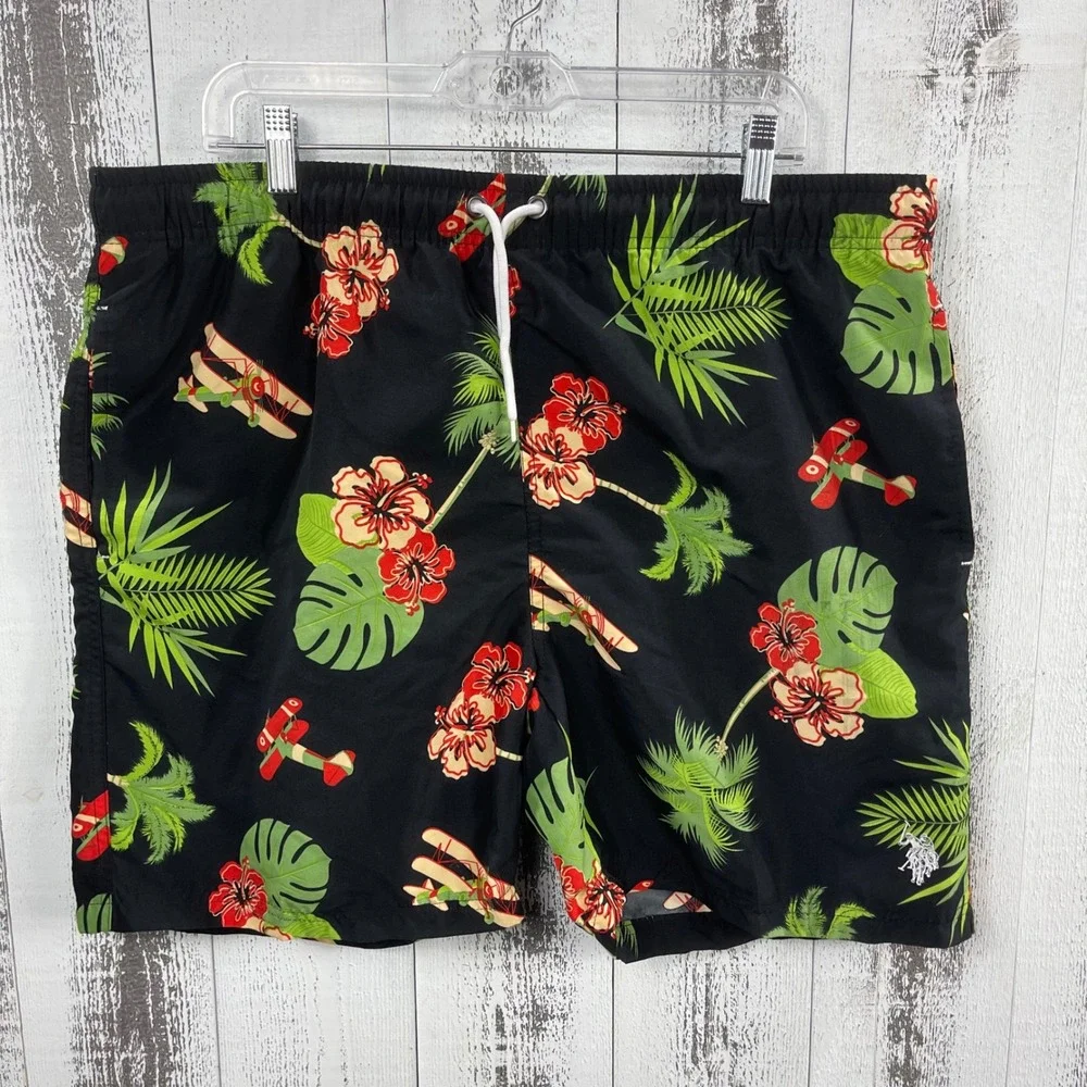 U.S‎ Polo Assn Tropical Swim Trunks XL Black Floral Beach Shorts Mesh